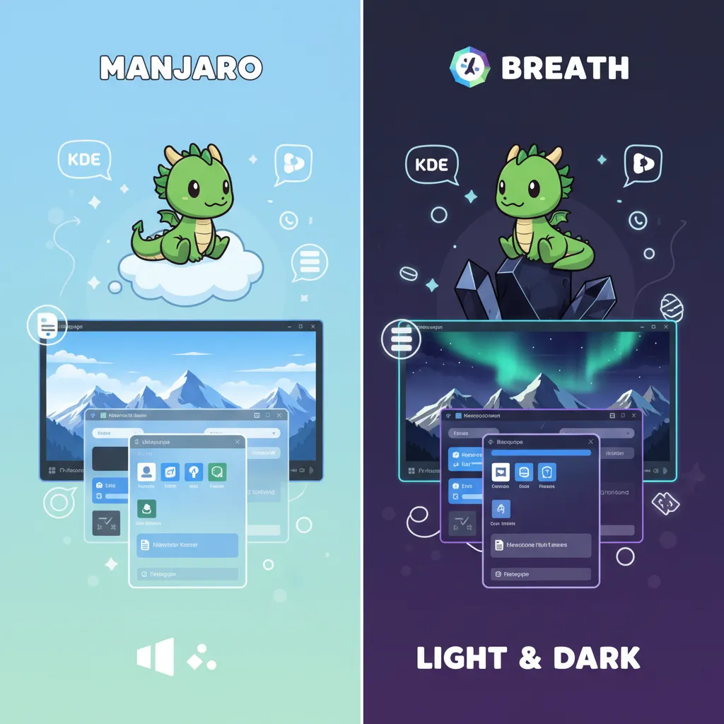 Kolase yang menunjukkan tema Manjaro KDE Breath dalam mode terang dan gelap.