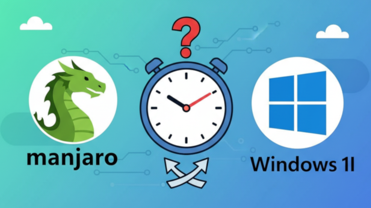 Logo Manjaro dan Windows 11 berdampingan dengan ikon jam, melambangkan masalah sinkronisasi waktu.