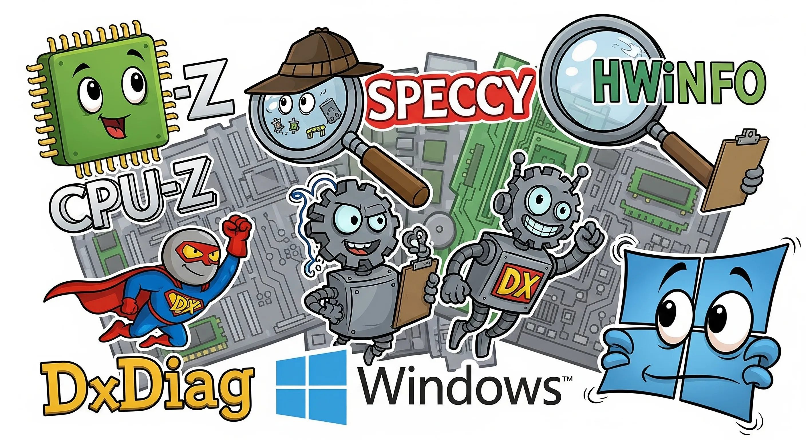 Kolase logo dari 5 aplikasi cek spesifikasi: CPU-Z, Speccy, HWiNFO, DxDiag, dan logo Windows.