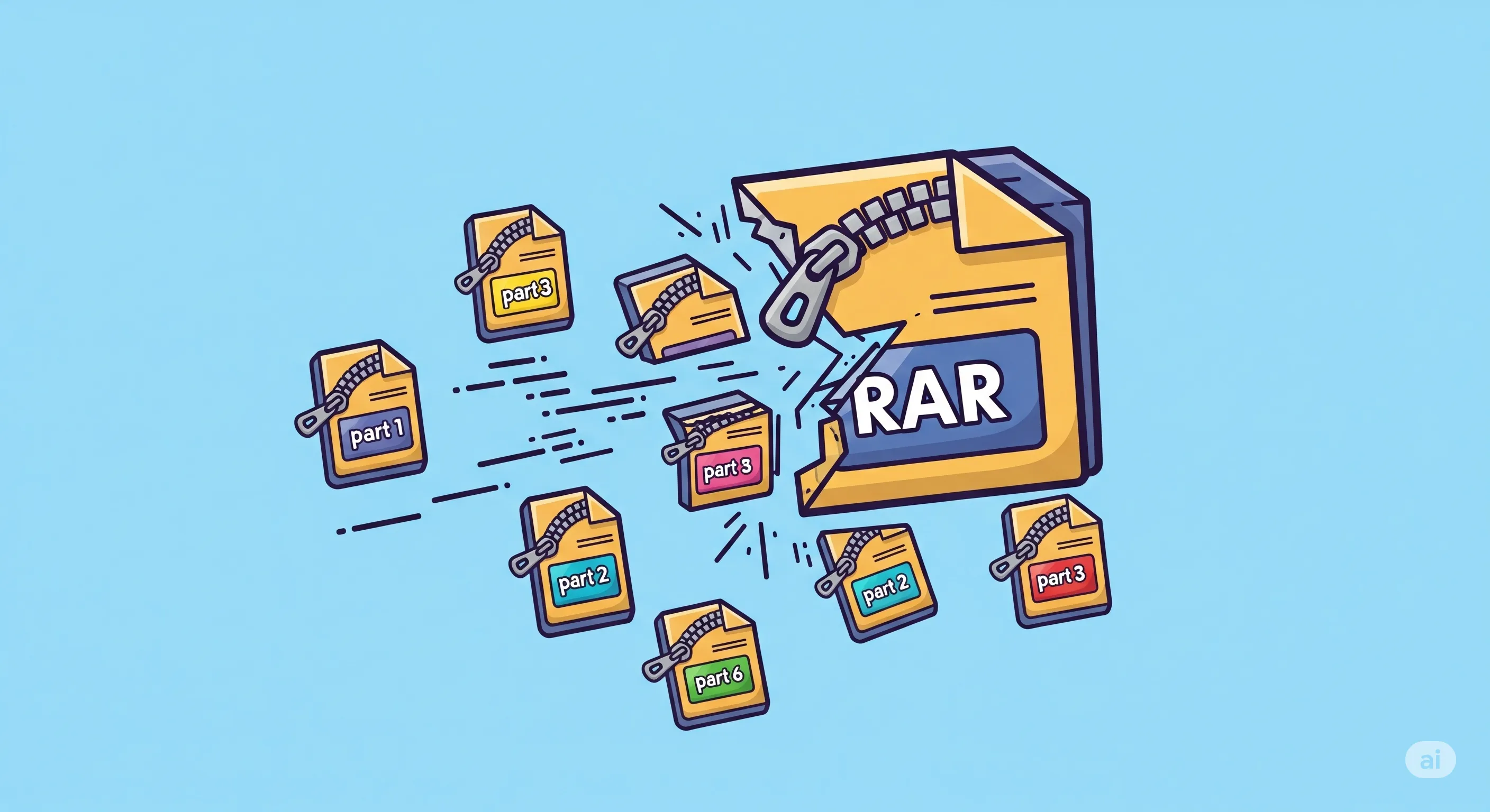 Ilustrasi file RAR yang dipecah menjadi beberapa bagian kecil menggunakan WinRAR.