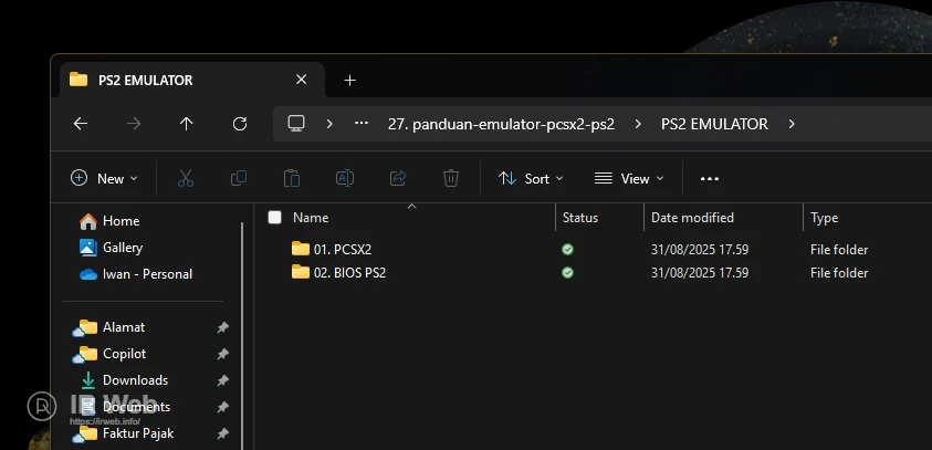 Tampilan folder setelah diekstrak, menunjukkan folder 01. PCSX2 dan 02. BIOS PS2.