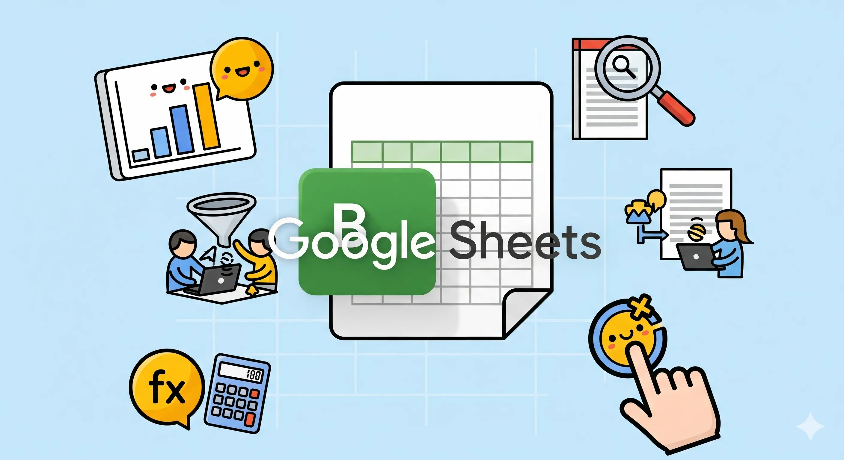 Logo Google Sheets dengan ikon-ikon yang melambangkan berbagai fungsinya seperti kolaborasi, grafik, dan formula.