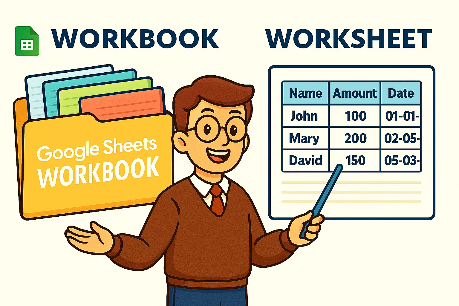 Ilustrasi yang menunjukkan perbedaan antara Workbook dan Worksheet di Google Sheets.