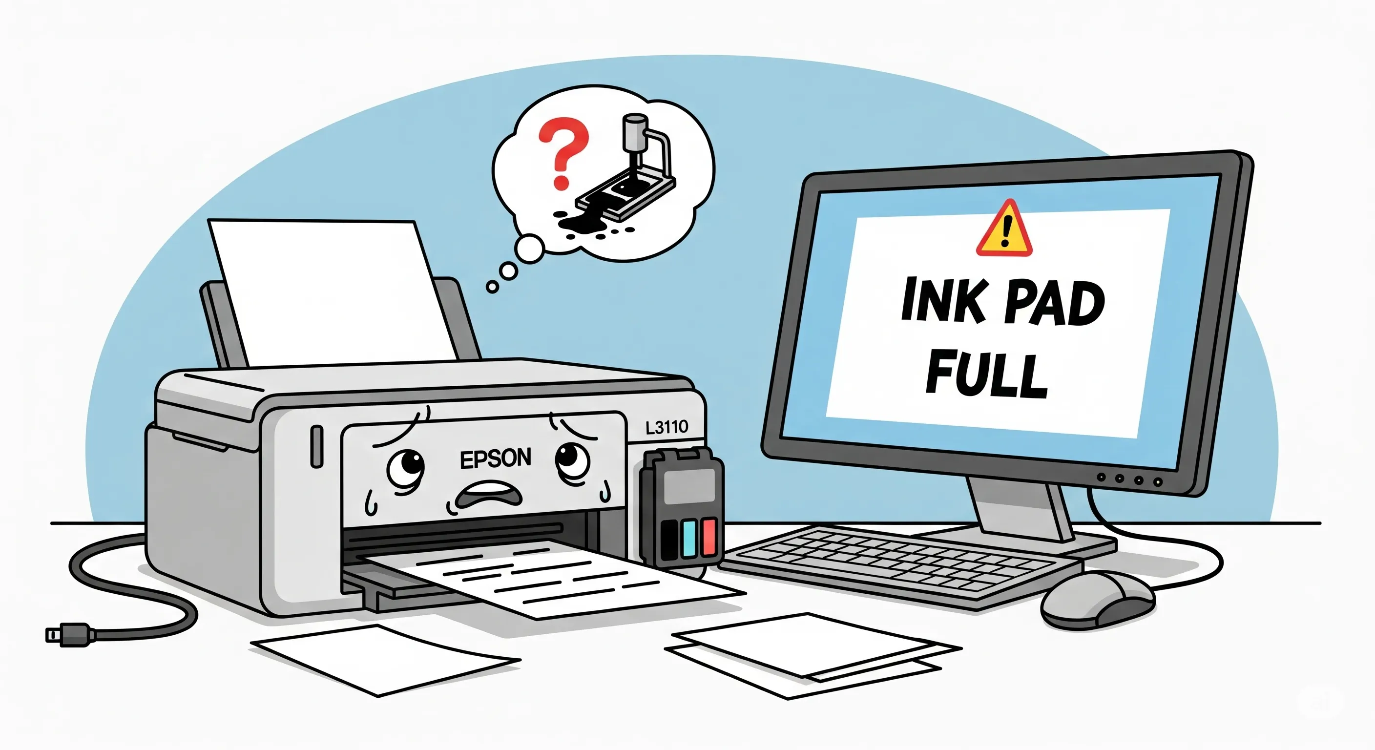 Printer Epson L3110 menampilkan pesan error di layar komputer.