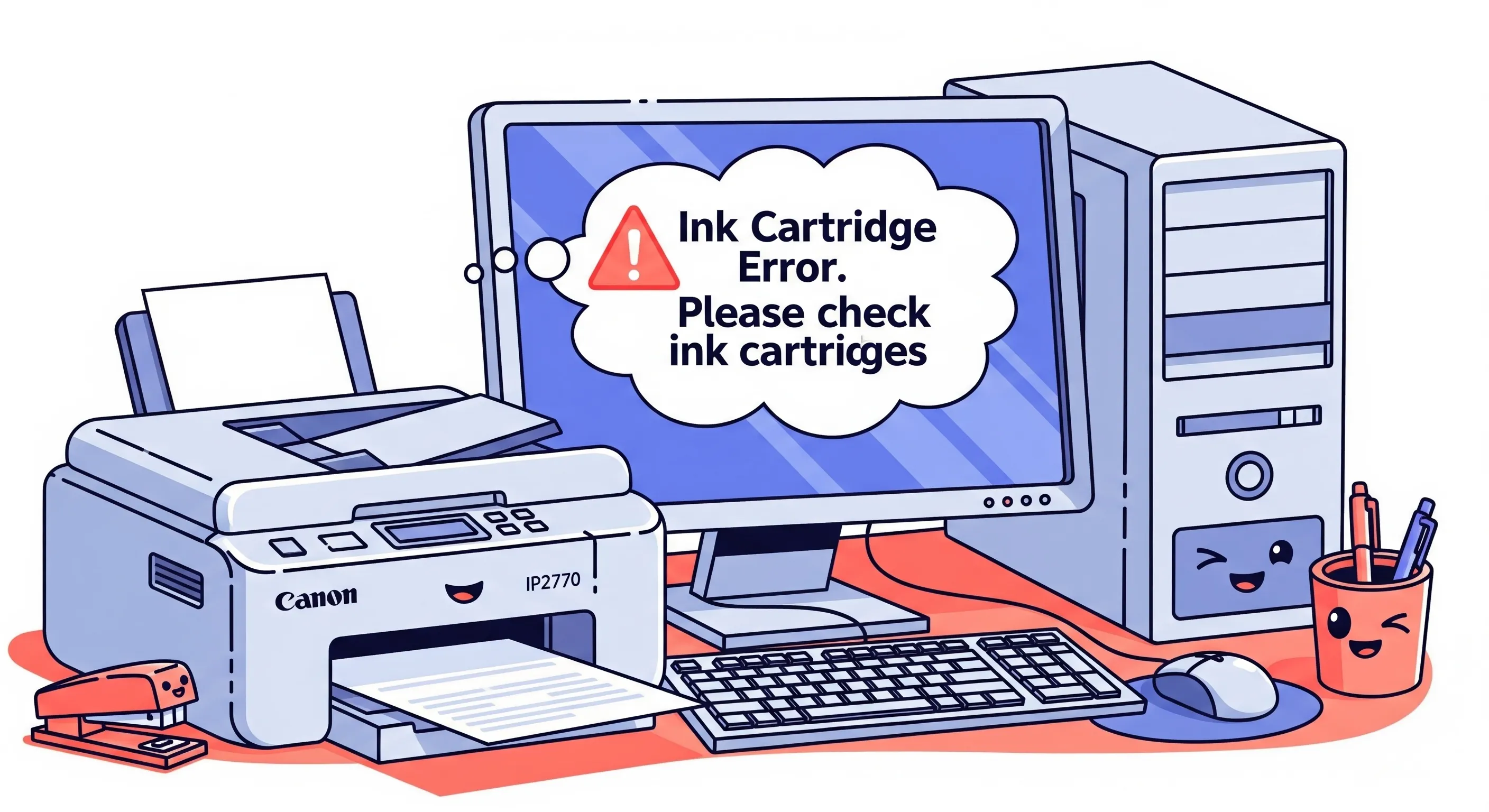 Printer Canon IP2770 menampilkan notifikasi error di layar komputer.