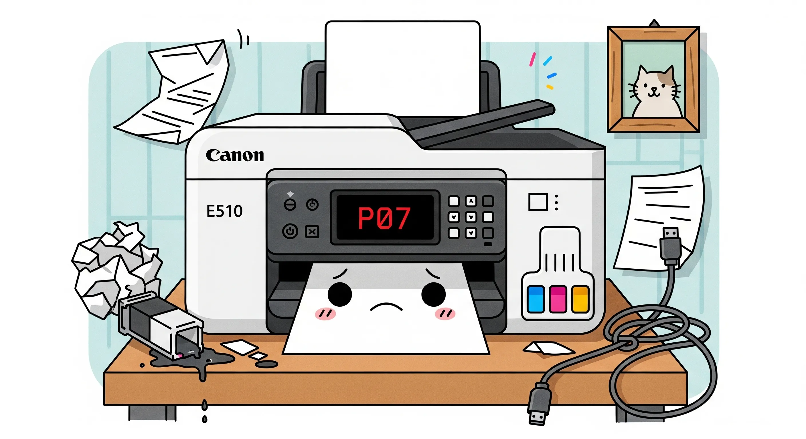 Printer Canon E510 menampilkan error P07 di layar LCD-nya.