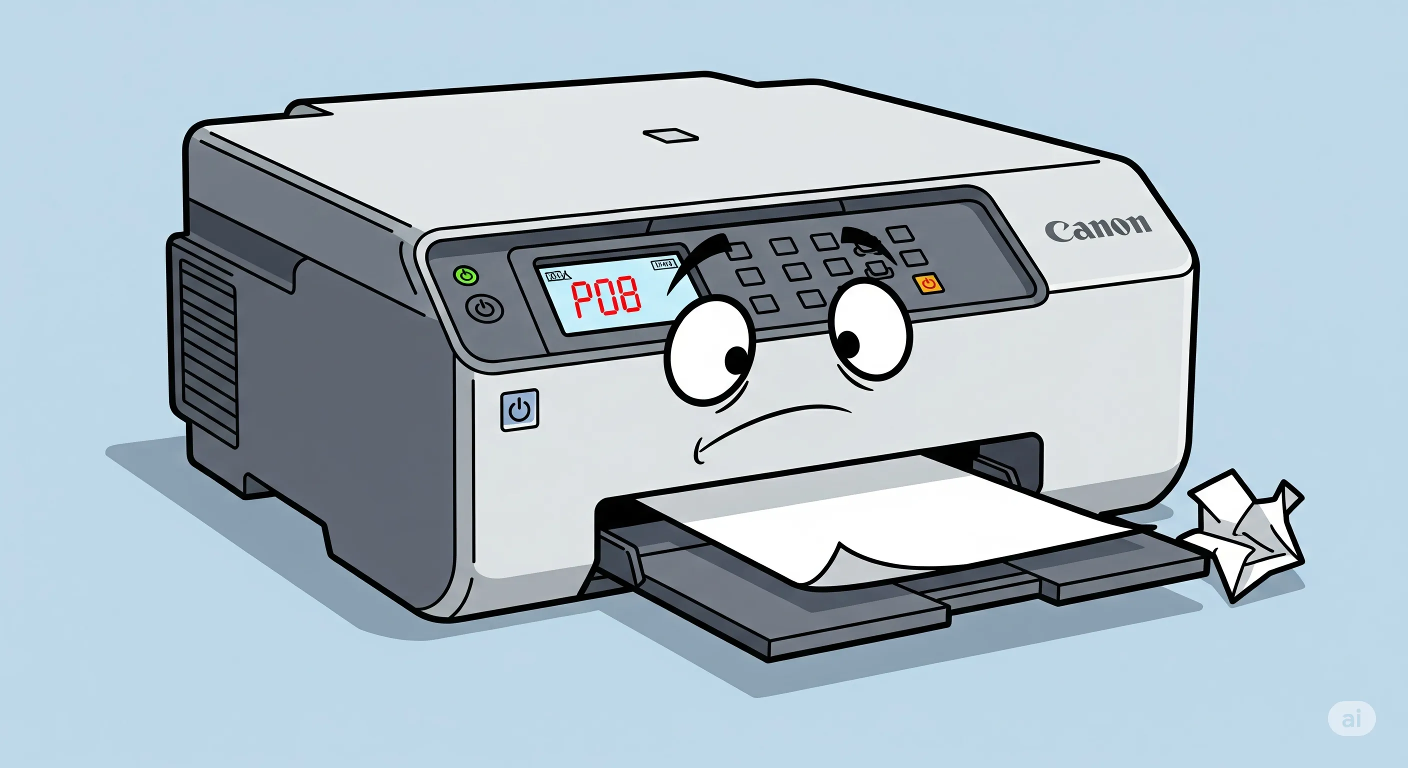 Printer Canon MP258 menampilkan notifikasi error P08 di layarnya.