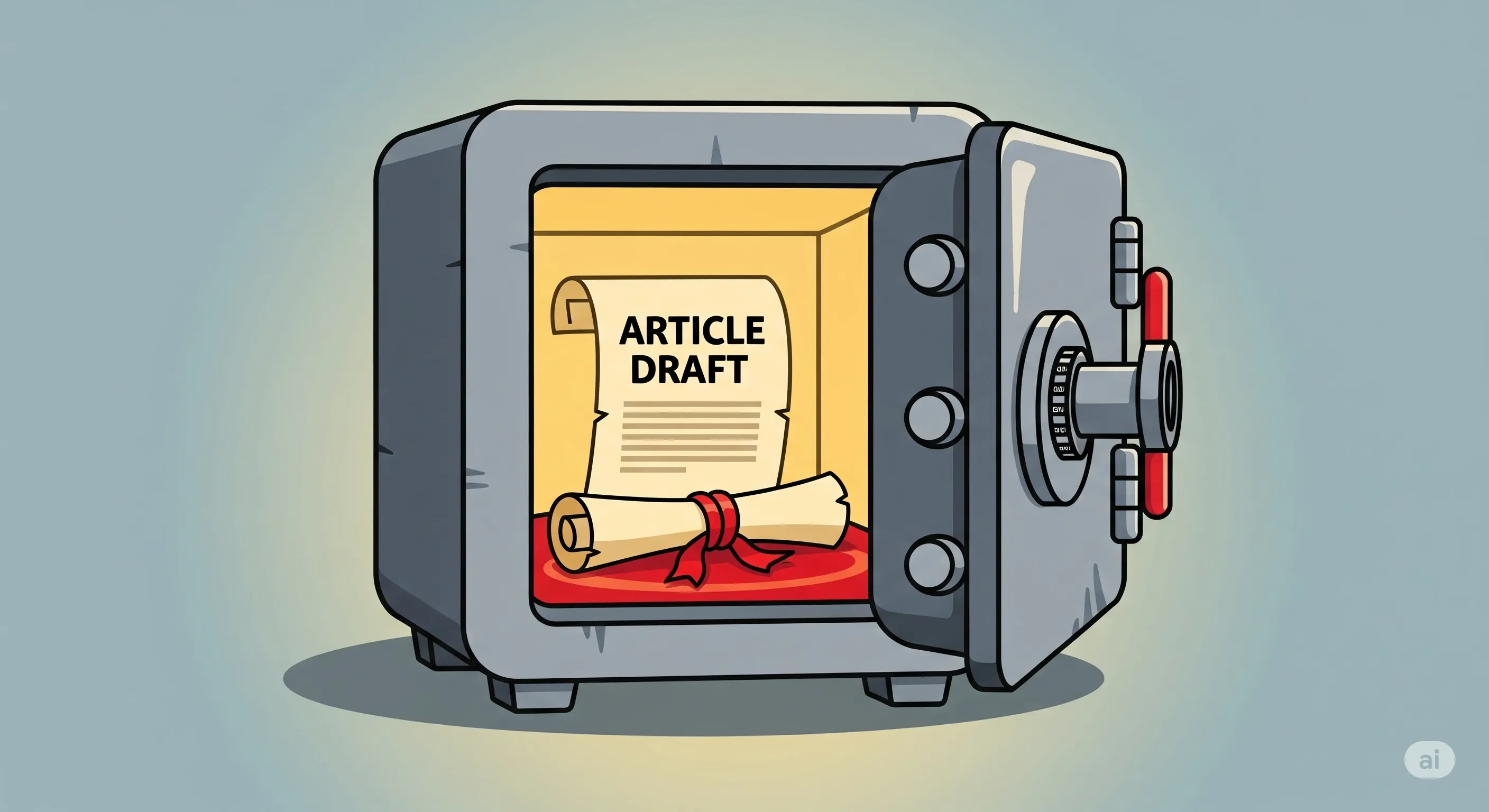 Ilustrasi sebuah brankas terbuka yang menunjukkan draf artikel, melambangkan keamanan dan stabilitas.