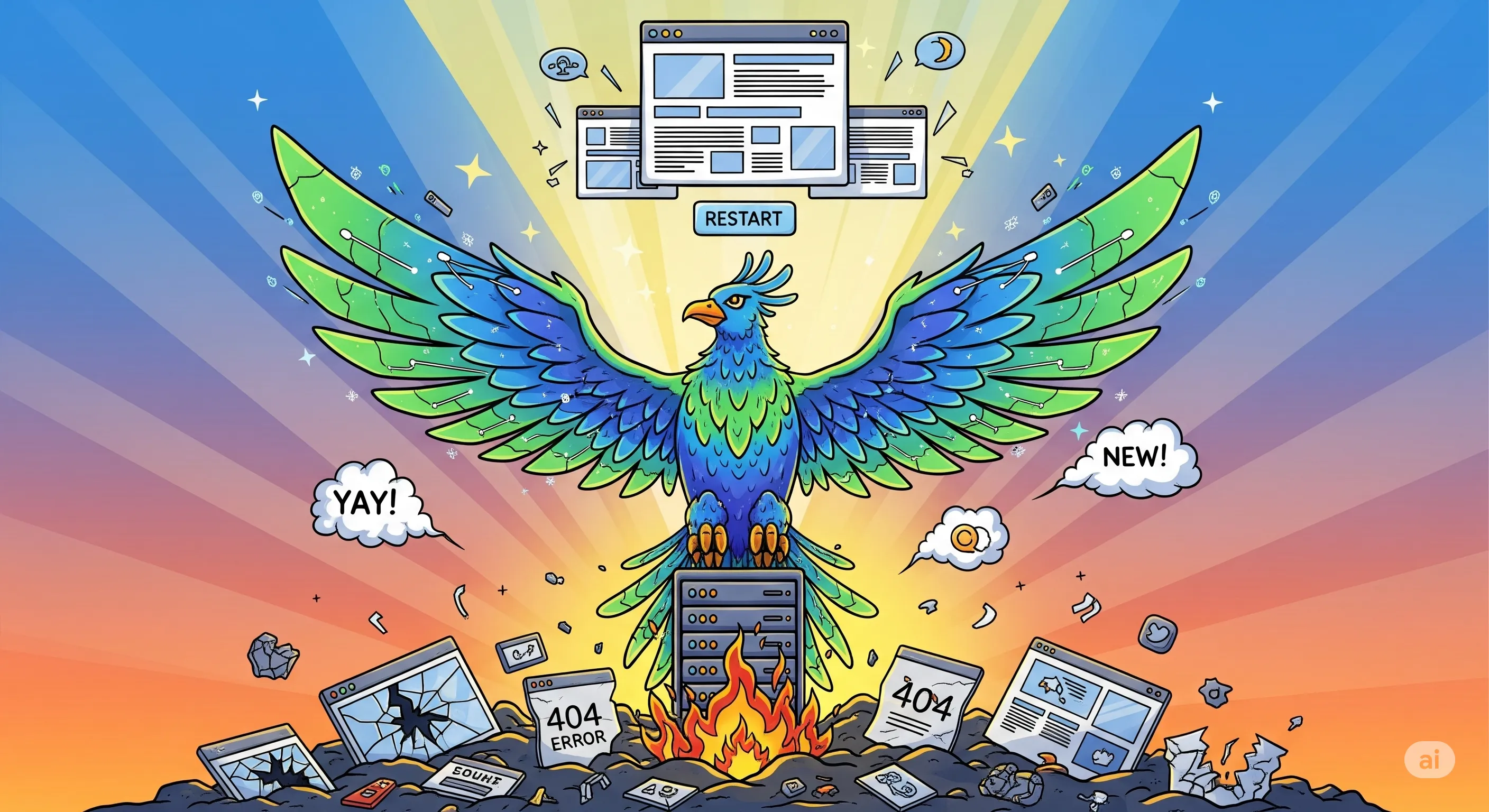 Ilustrasi kelahiran kembali IR Web dengan logo dan elemen kode.