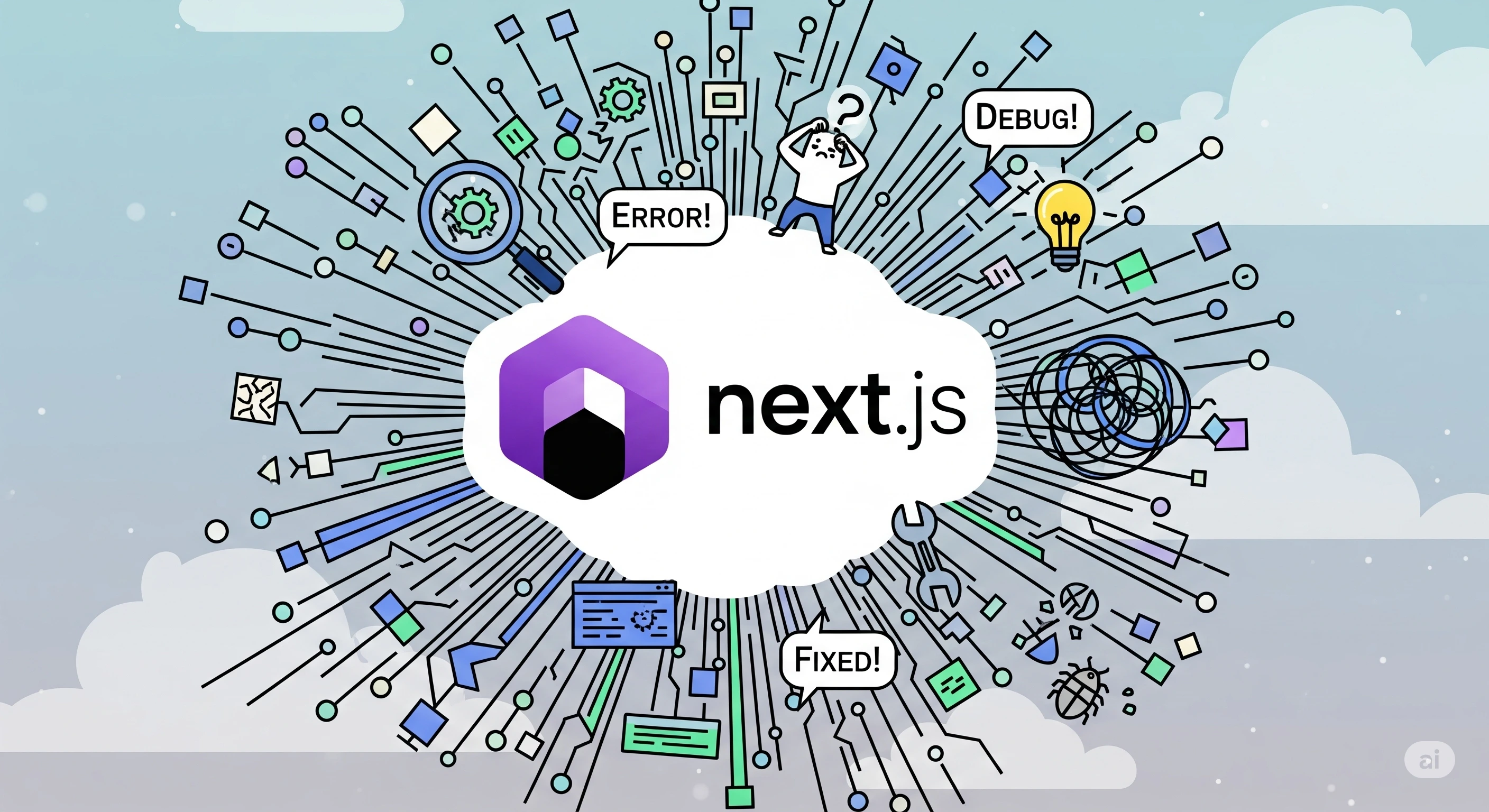 Sebuah ilustrasi abstrak representasi kode yang kompleks dan proses debugging, dengan logo Next.js.