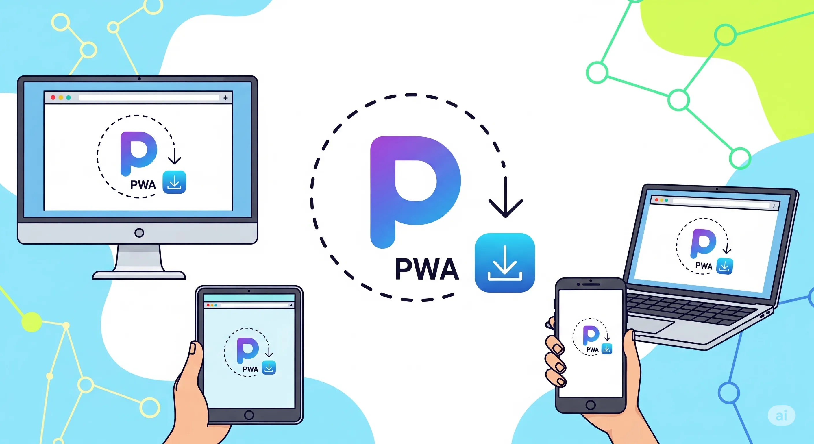 Ilustrasi yang menunjukkan logo PWA dengan ikon instalasi di berbagai perangkat seperti desktop dan seluler.