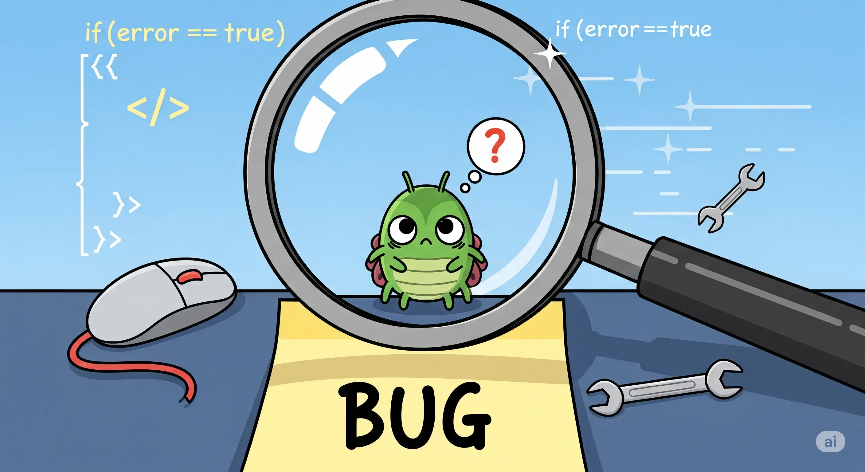 Ilustrasi bug di bawah kaca pembesar, melambangkan proses debugging.