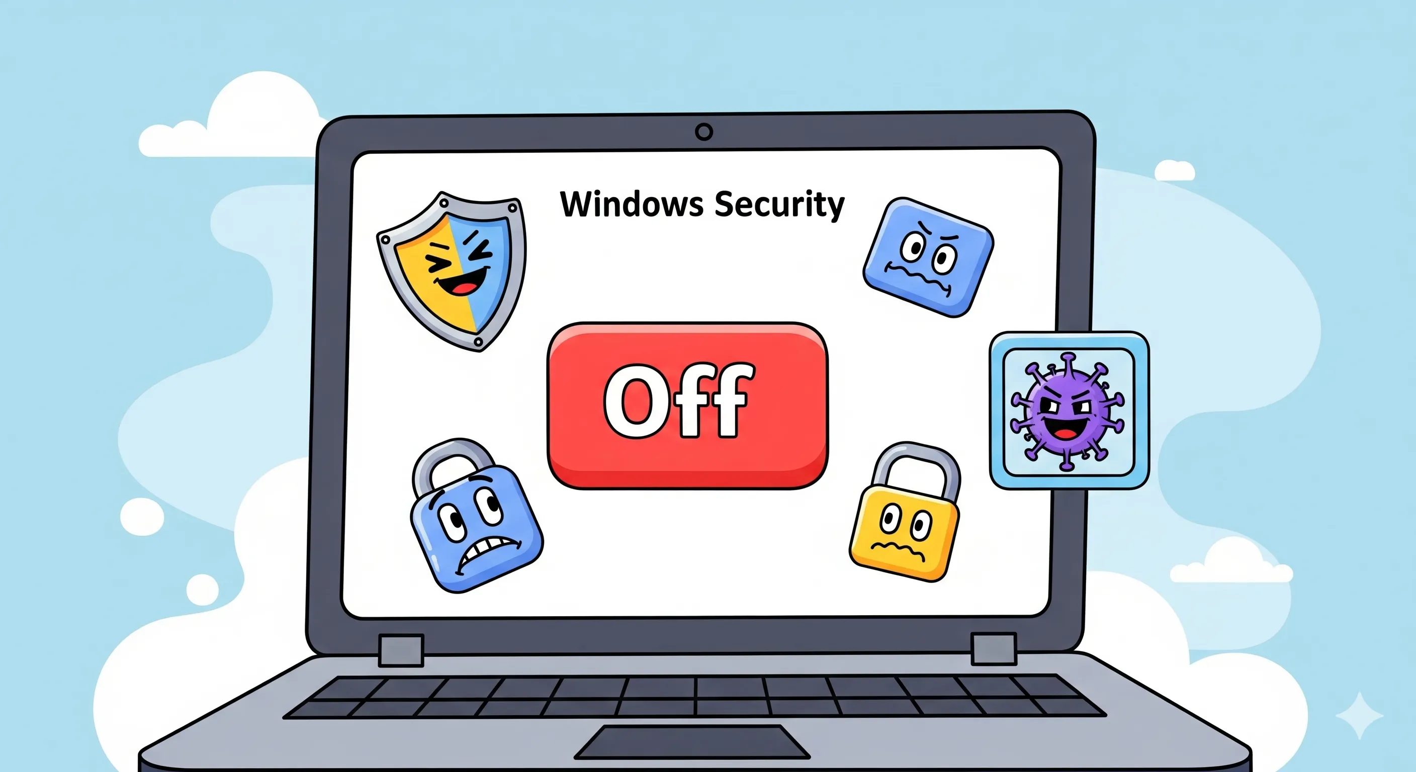 Logo Windows Security dengan tombol 'off' di layar laptop.
