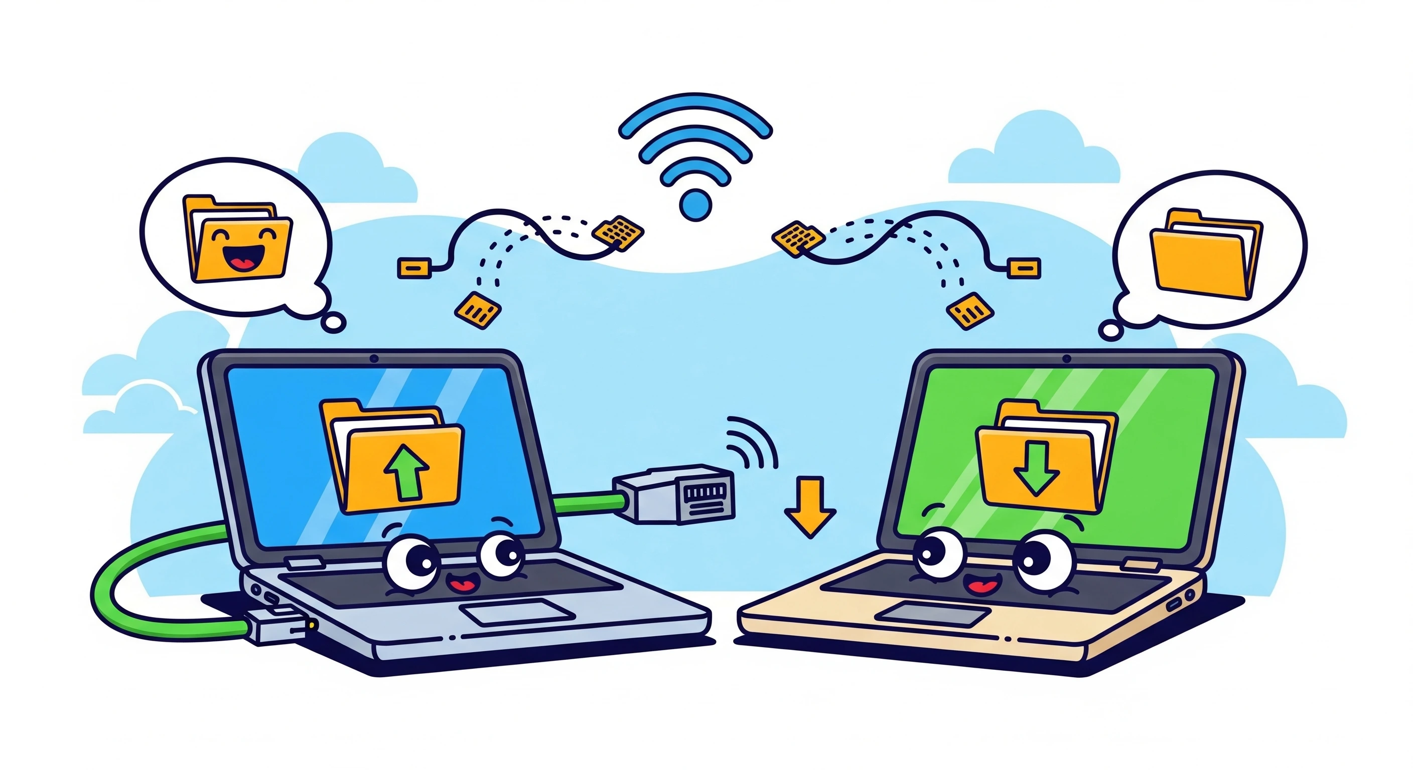 Ilustrasi dua laptop yang terhubung melalui LAN dan WiFi, menunjukkan proses berbagi folder.