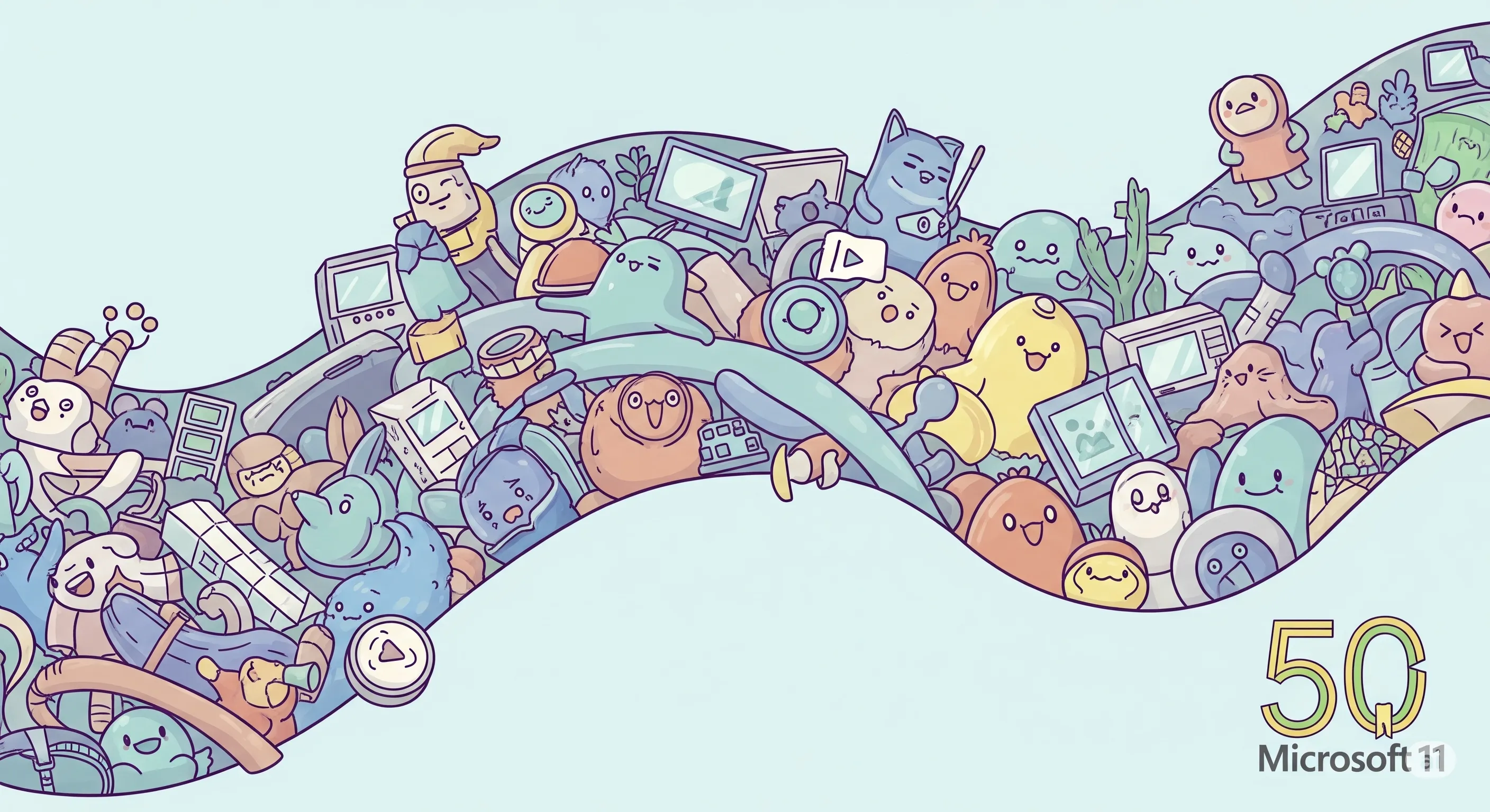 Wallpaper Windows 11 Bloom edisi ulang tahun ke-50 Microsoft dengan aksen emas di layar laptop.