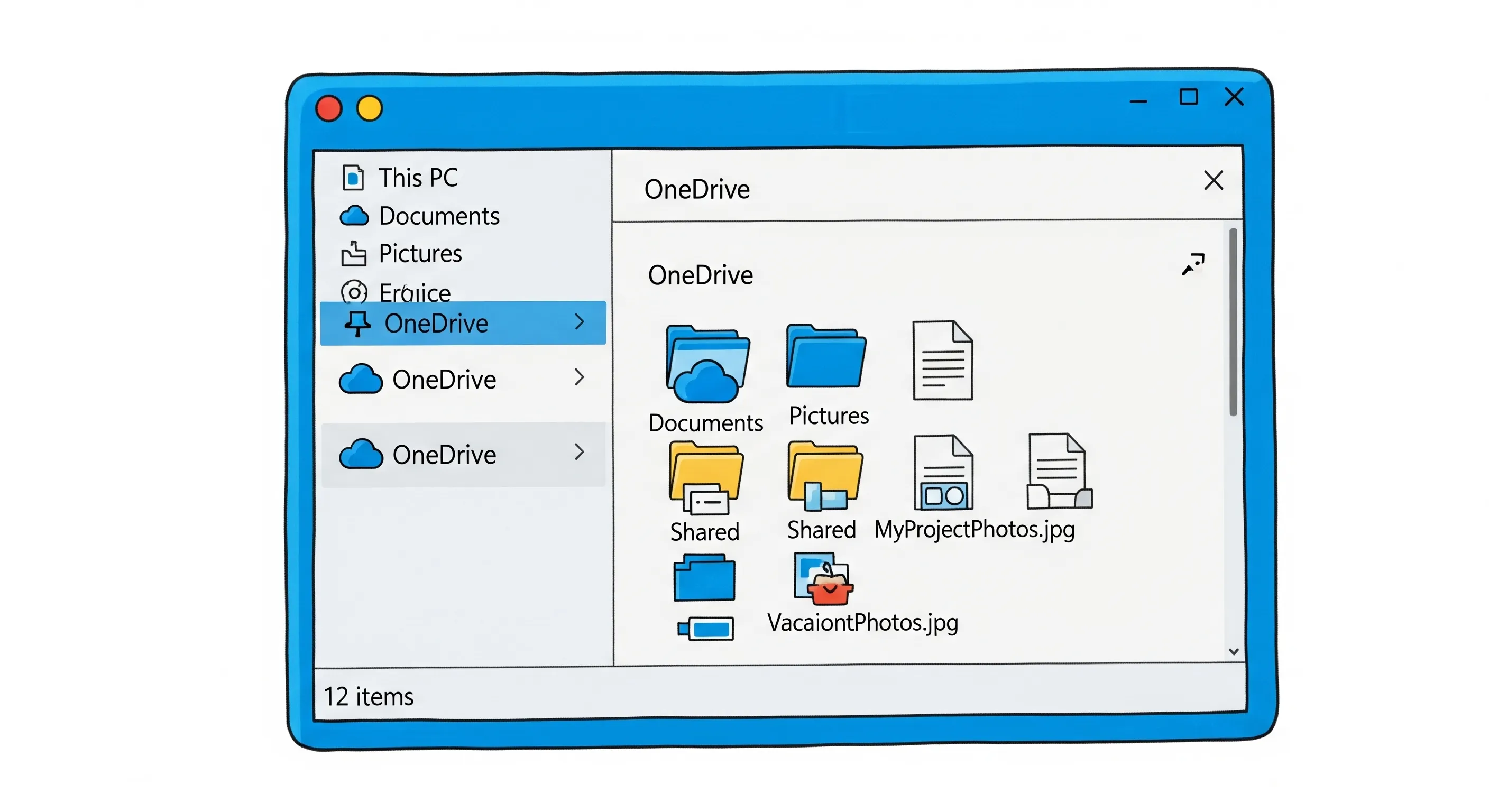 Tampilan File Explorer Windows dengan folder OneDrive duplikat yang disorot.