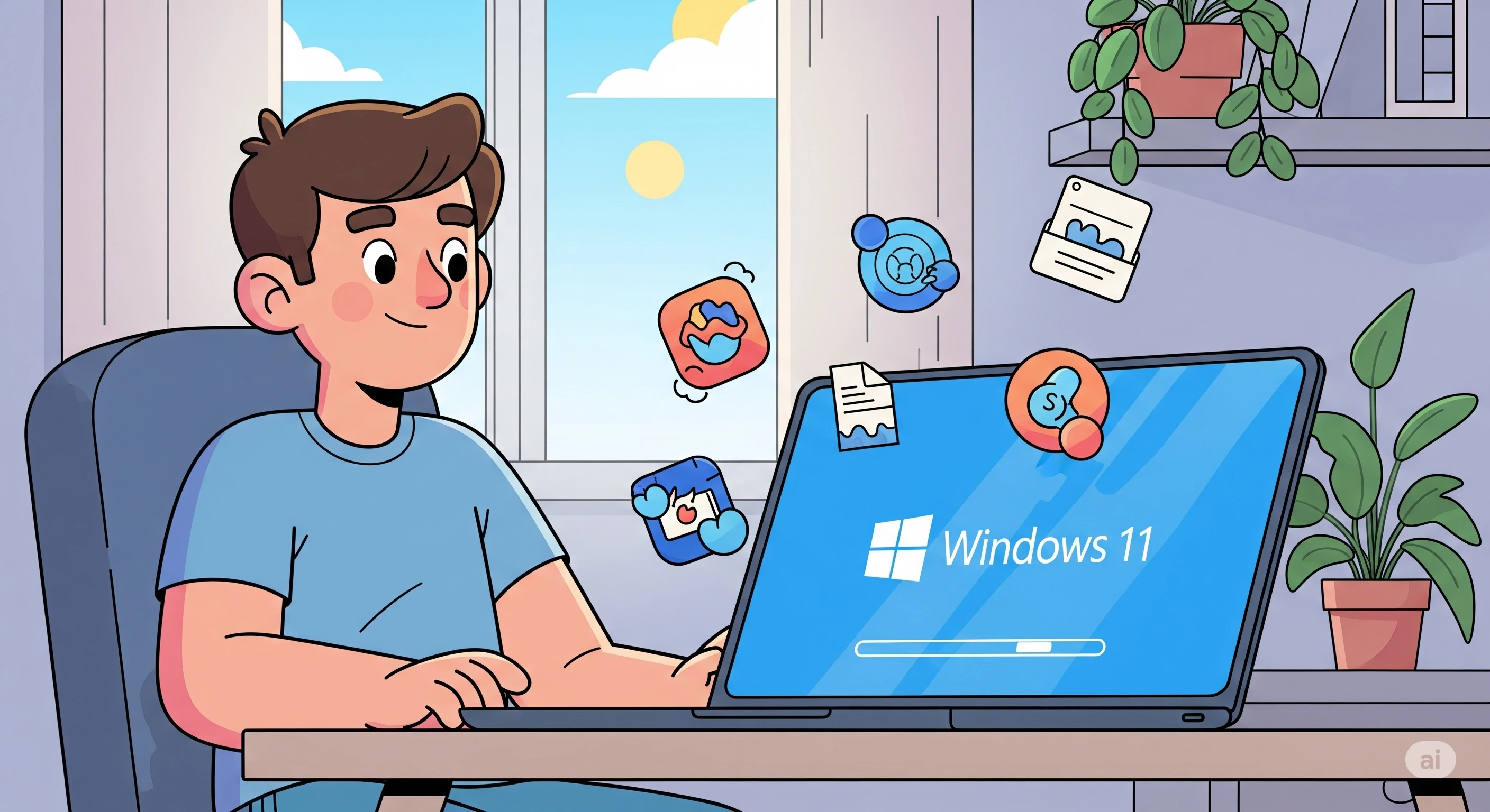 Logo Windows 11 di layar laptop dengan latar belakang proses instalasi.