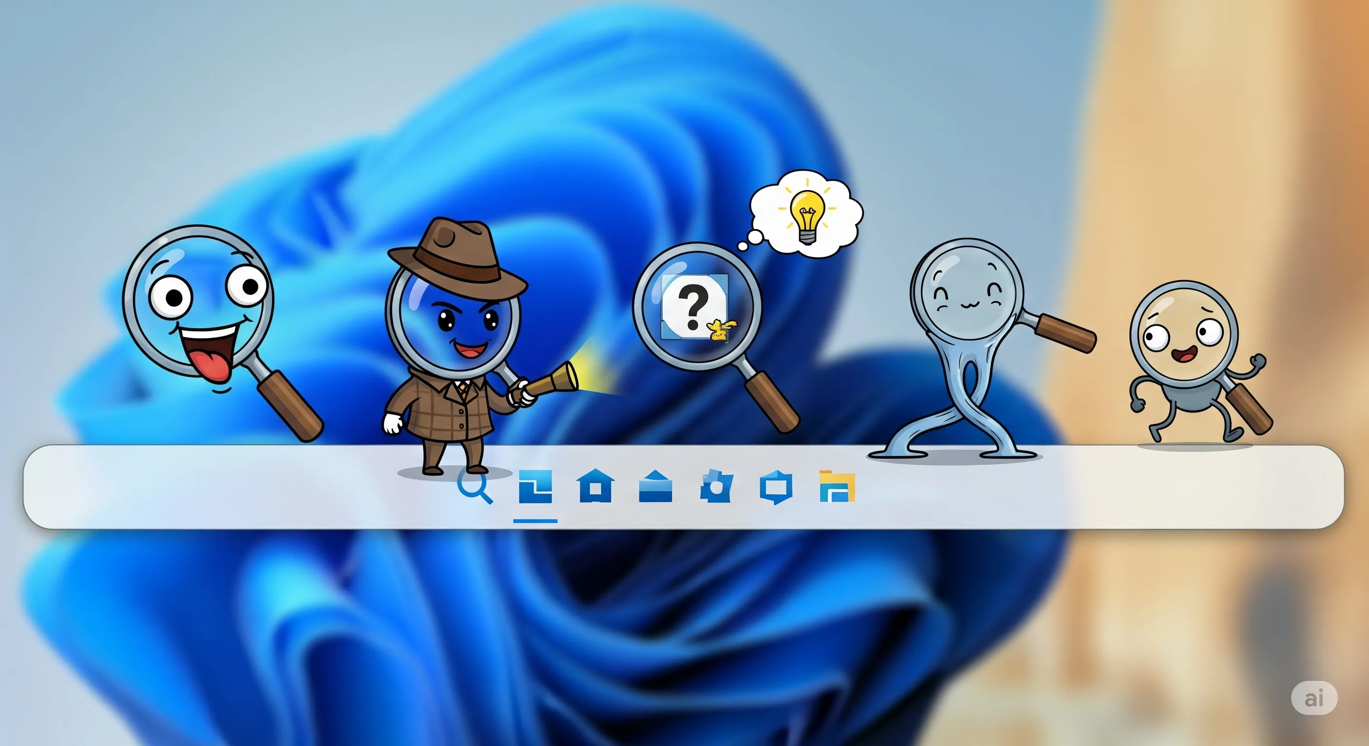 Empat variasi ikon pencarian di taskbar Windows 11.