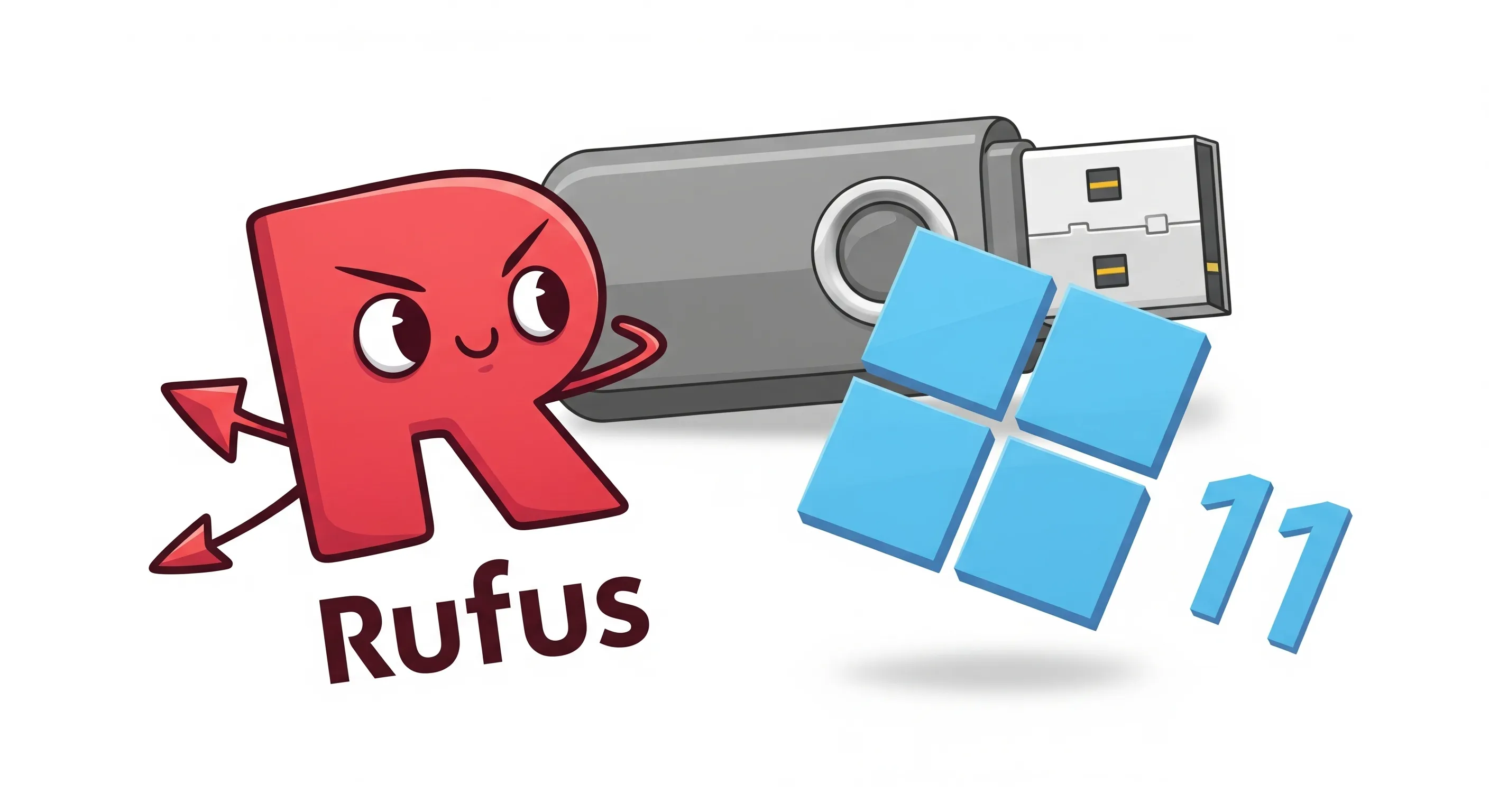 Logo Rufus di samping logo Windows 11 dengan latar belakang USB flashdisk.