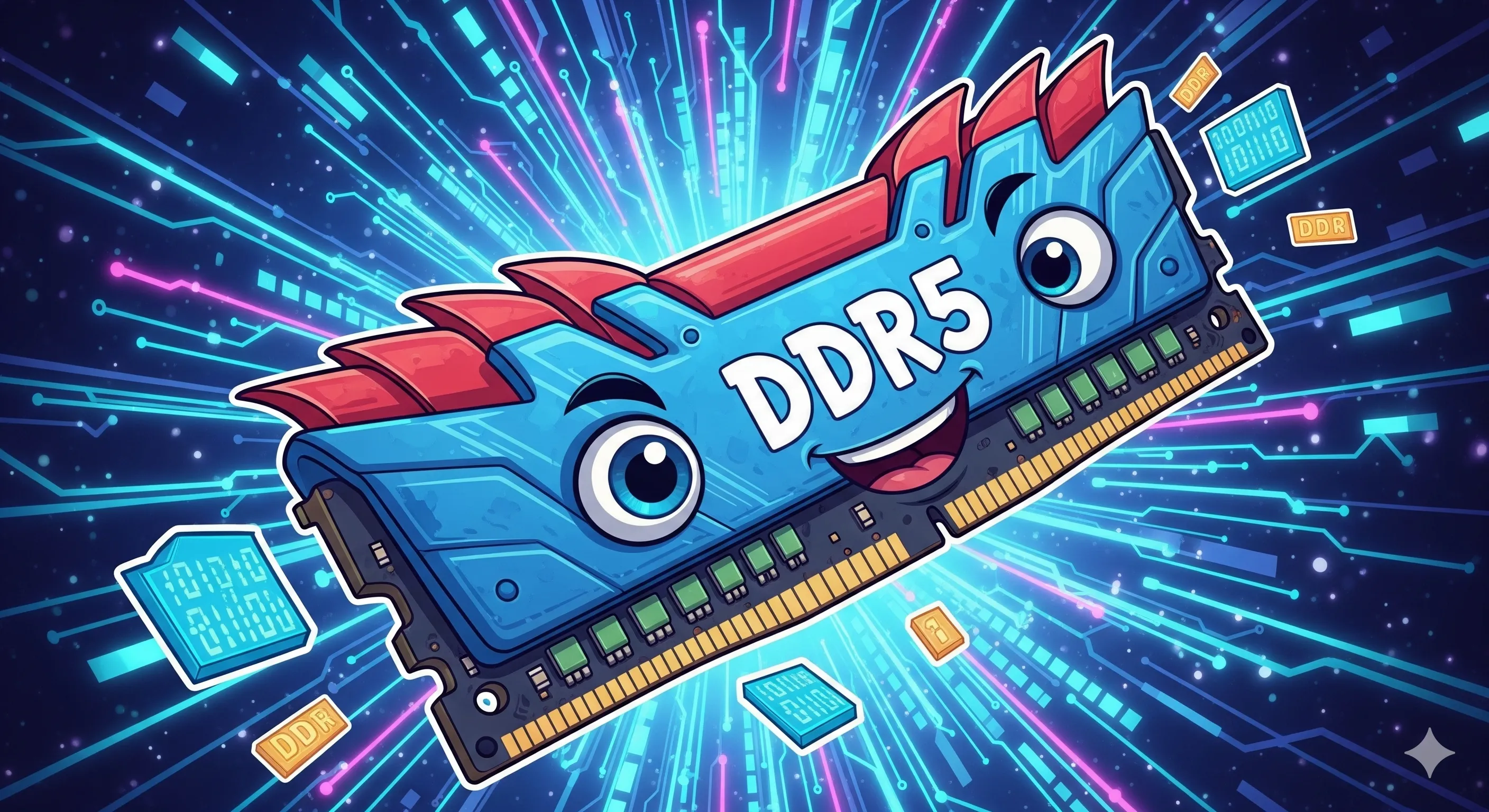 Ilustrasi stik RAM DDR5 dengan latar belakang sirkuit digital yang menyala.