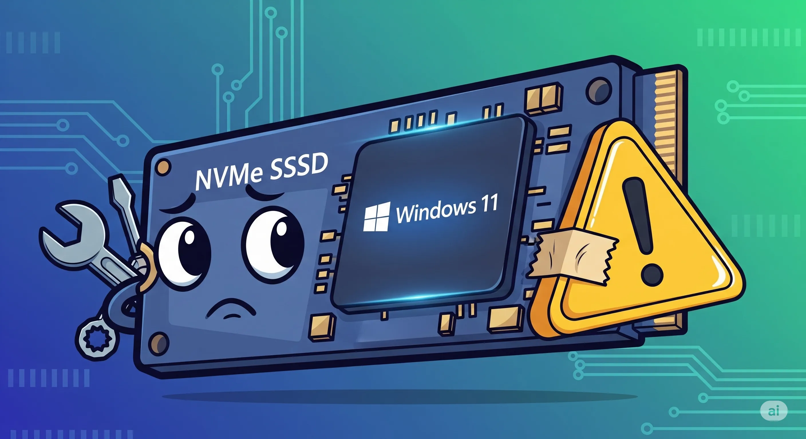 Ilustrasi SSD NVMe dengan tanda peringatan dan logo Windows 11 di latar belakang.